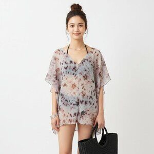 Rachel Roy Woman's Gray Floral Silk Print Swim Cover Up Blouse Top NEW L